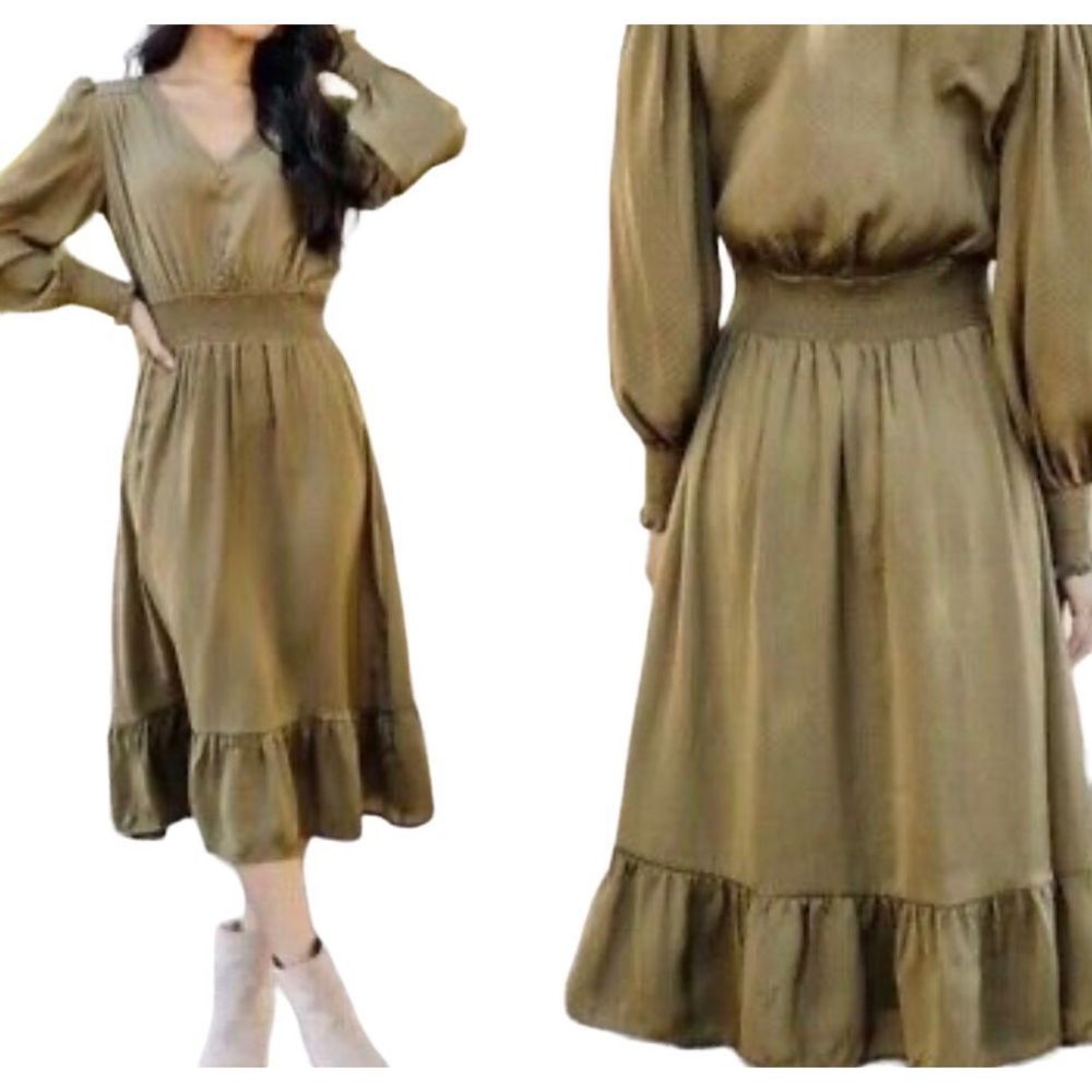 Anthropologie by the River Midi Dress Olive Smock Waist Button Front Sz. S